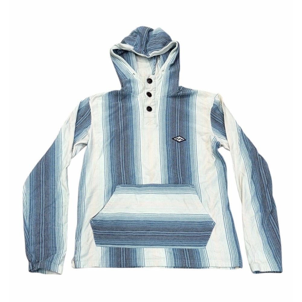 Billabong Mens Rancho‎ Henley Hoodie Surf Skater Hippie Blue Striped Pullover S